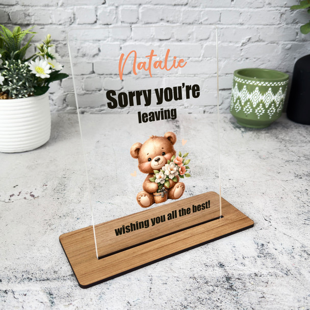 Sorry You Are Leaving Gift Teddy Beer With Flowers Personalised Gift Plaque