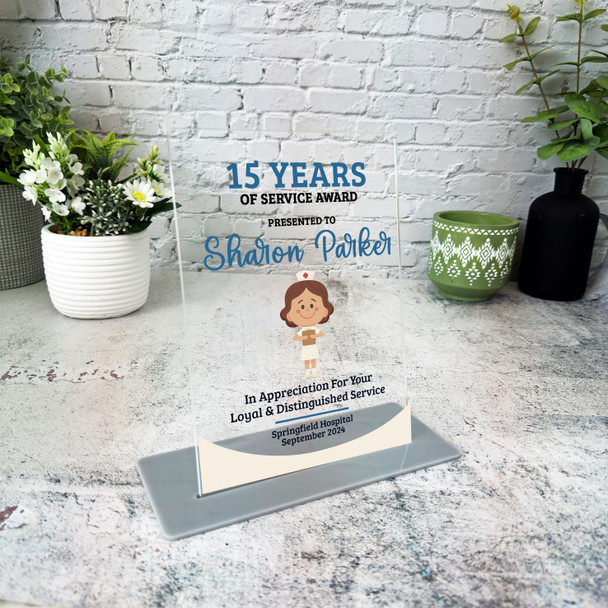 15 Years Of Service 15th Anniversary Brown Hair Nurse Gift For Employee Plaque