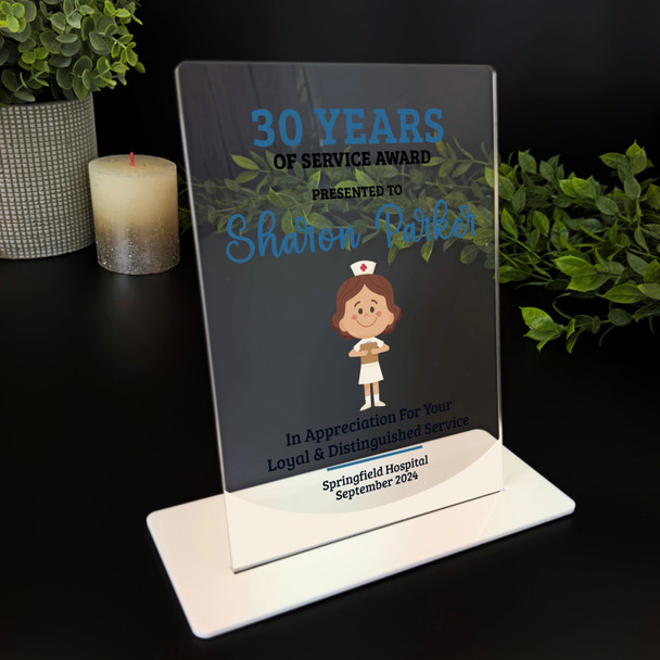 30 Years Of Service 30th Anniversary Brown Hair Nurse Gift For Employee Plaque