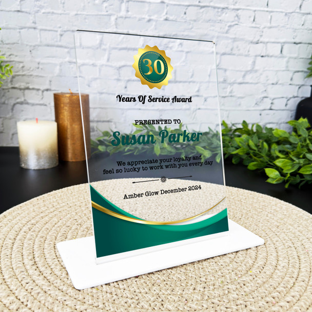 30 Years Service 30th Anniversary Gold Green Gift Employee Personalised Plaque