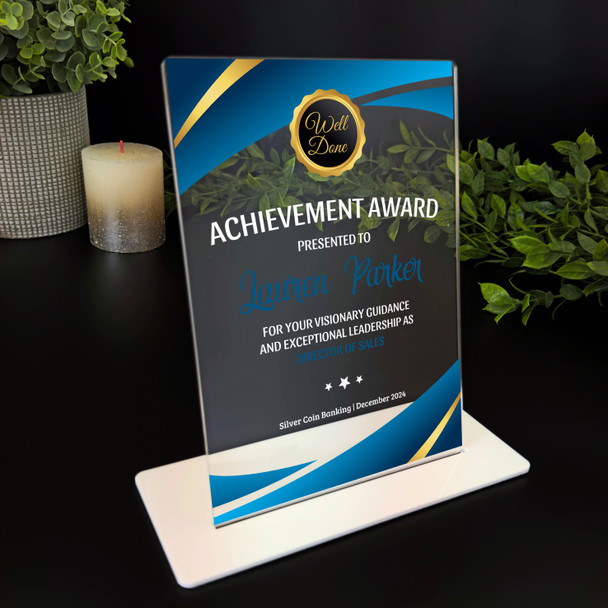 Achievement Award Gold Blue Gift Employee Colleague Team Member Custom Plaque