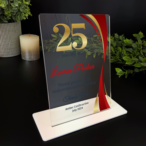 25 Years Service 25th Anniversary Gold Red Gift Employee Personalised Plaque