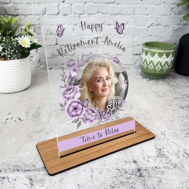 Happy Retirement Gift For Female Purple Butterfly Photo Personalised Gift Plaque