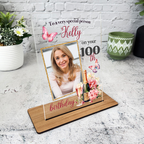 100th Birthday Gift For Her Champagne Butterflies Photo Personalised Gift Plaque
