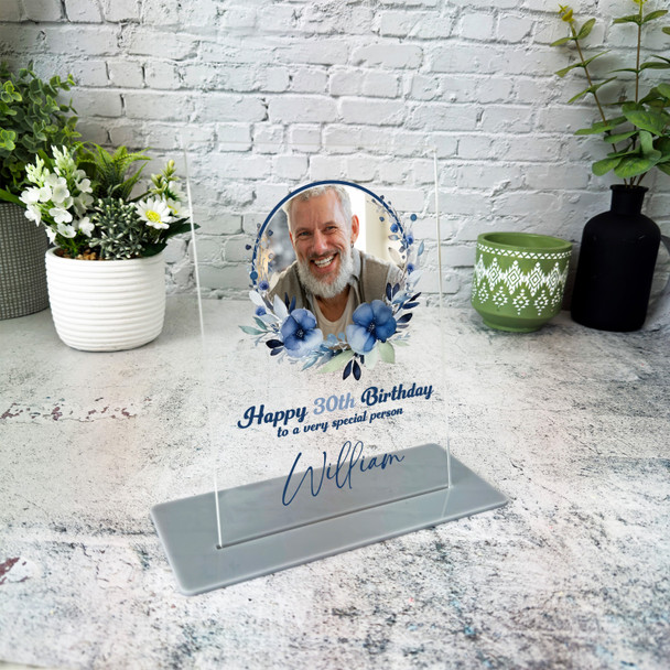 30th Birthday Gift Watercolour Navy Floral Wreath Photo Personalised Gift Plaque