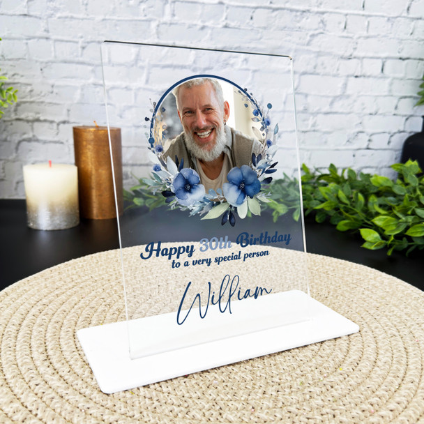 30th Birthday Gift Watercolour Navy Floral Wreath Photo Personalised Gift Plaque
