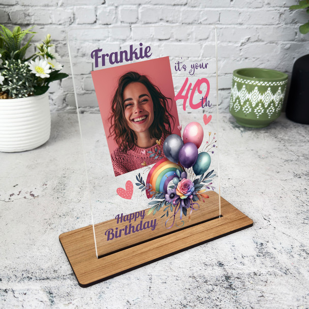 40th Birthday Gift Rainbow Floral Balloons Photo Custom Personalised Gift Plaque