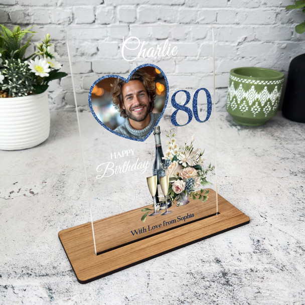 80th Birthday Gift Floral Champagne Heart Photo Personalised Gift Acrylic Plaque