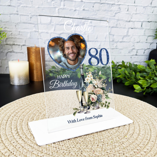 80th Birthday Gift Floral Champagne Heart Photo Personalised Gift Acrylic Plaque