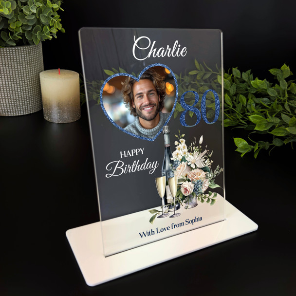 80th Birthday Gift Floral Champagne Heart Photo Personalised Gift Acrylic Plaque