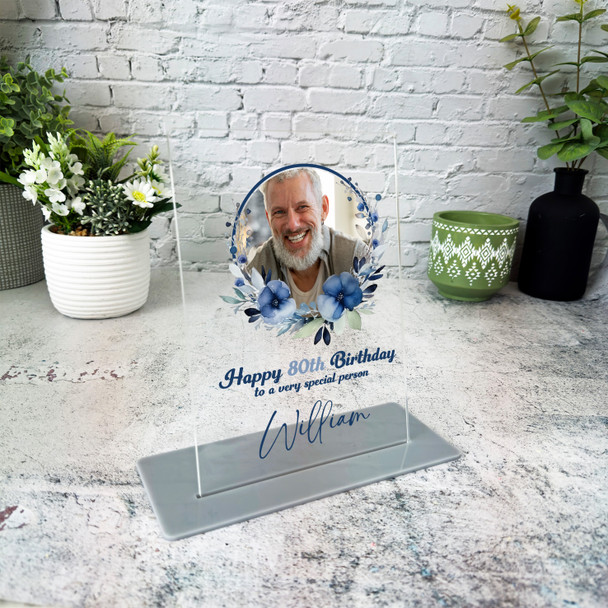 80th Birthday Gift Watercolour Navy Floral Wreath Photo Personalised Gift Plaque
