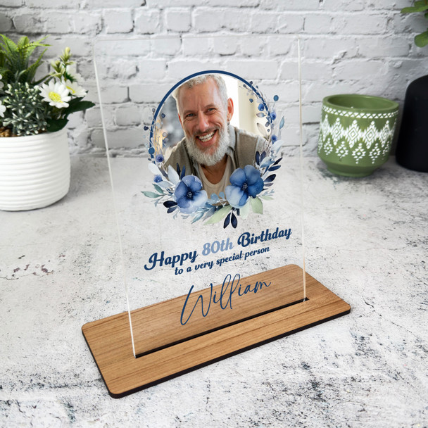 80th Birthday Gift Watercolour Navy Floral Wreath Photo Personalised Gift Plaque