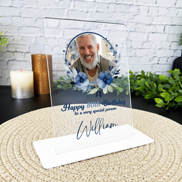 80th Birthday Gift Watercolour Navy Floral Wreath Photo Personalised Gift Plaque