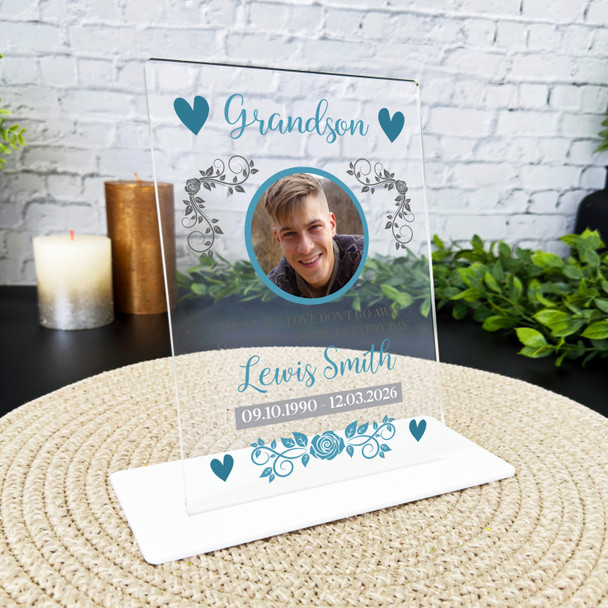 Grandson Memorial Keepsake Gift Blue Photo Rose Personalised Gift Acrylic Plaque