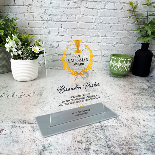 Best Salesman Award Gold Trophy Gift Employee Employer Personalised Gift Plaque