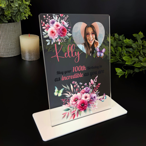 100th Birthday Gift For Female Pink Floral Heart Photo Personalised Gift Plaque