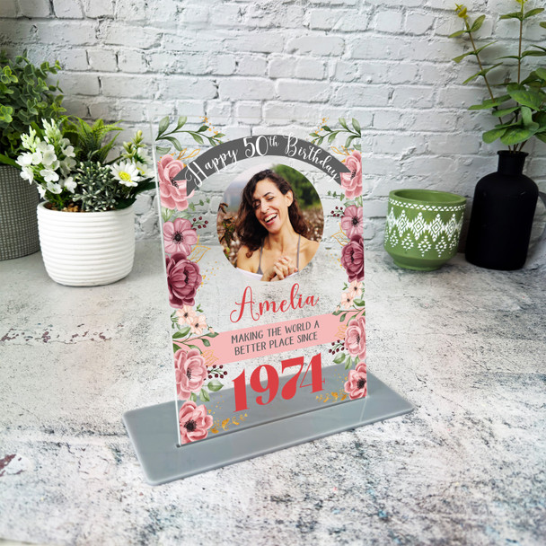 50th Birthday Gift Female Flowers Photo Custom Personalised Gift Acrylic Plaque