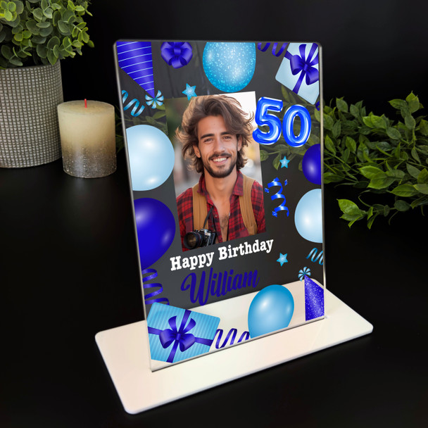 50th Birthday Gift For Him Blue Balloons Photo Personalised Gift Acrylic Plaque