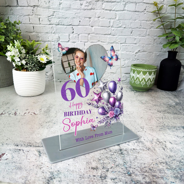 60th Birthday Gift For Her Purple Balloons Heart Photo Personalised Gift Plaque
