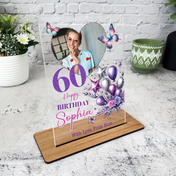 60th Birthday Gift For Her Purple Balloons Heart Photo Personalised Gift Plaque
