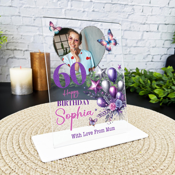 60th Birthday Gift For Her Purple Balloons Heart Photo Personalised Gift Plaque