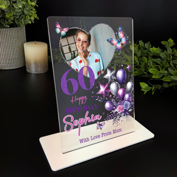 60th Birthday Gift For Her Purple Balloons Heart Photo Personalised Gift Plaque