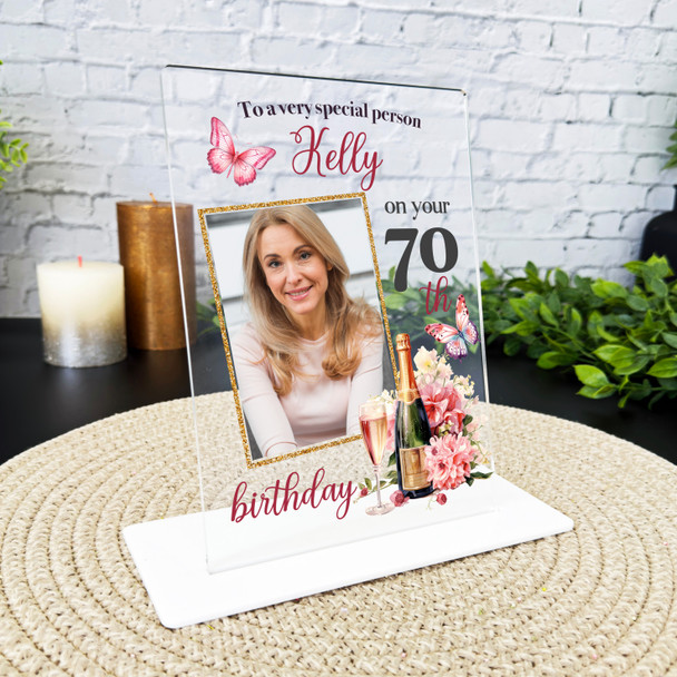 70th Birthday Gift For Her Champagne Butterflies Photo Personalised Gift Plaque