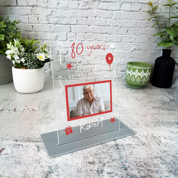 80th Birthday Gift Male Info Time Photo Custom Personalised Gift Acrylic Plaque