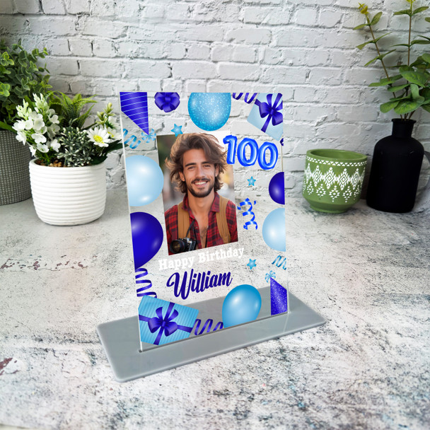 100th Birthday Gift Blue Balloons Photo Custom Personalised Gift Acrylic Plaque