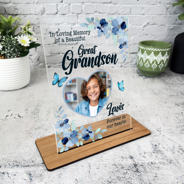 Great Grandson Blue Heart Photo Memorial Keepsake Gift Personalised Gift Plaque
