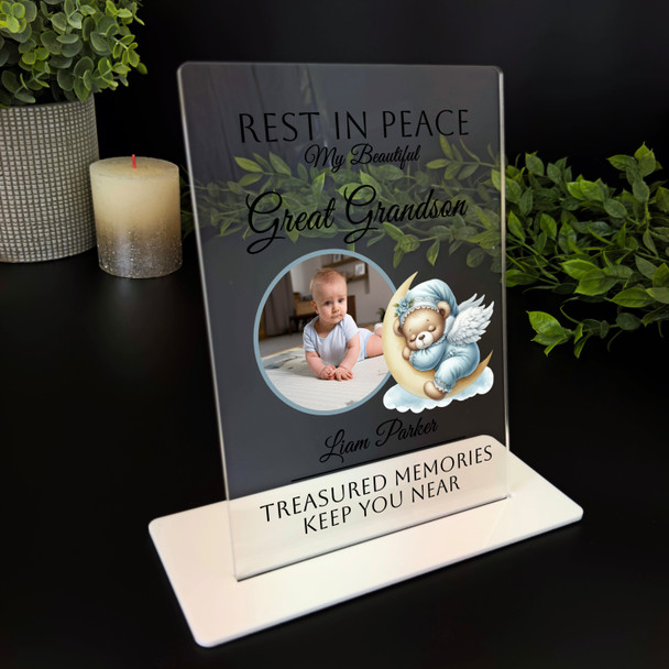 Great Grandson Blue Sleep Bear Photo Memorial Keepsake Gift Personalised Plaque