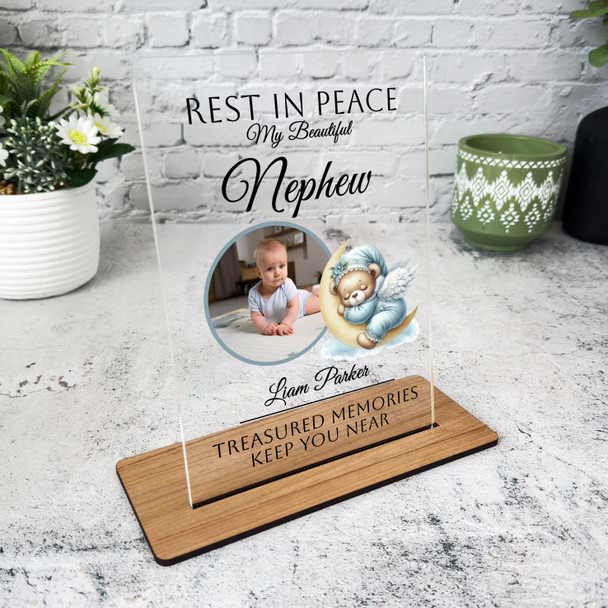 Nephew Blue Sleeping Bear Photo Memorial Keepsake Gift Personalised Gift Plaque