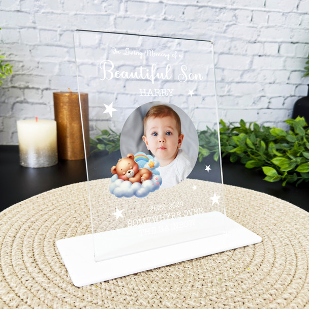 Son Rainbow Sleeping Bear Photo Memorial Keepsake Gift Personalised Gift Plaque