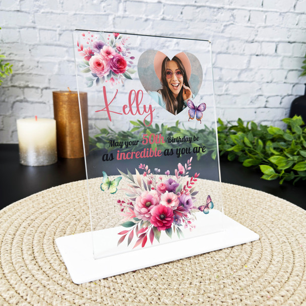 50th Birthday Gift For Female Pink Floral Heart Photo Personalised Gift Plaque