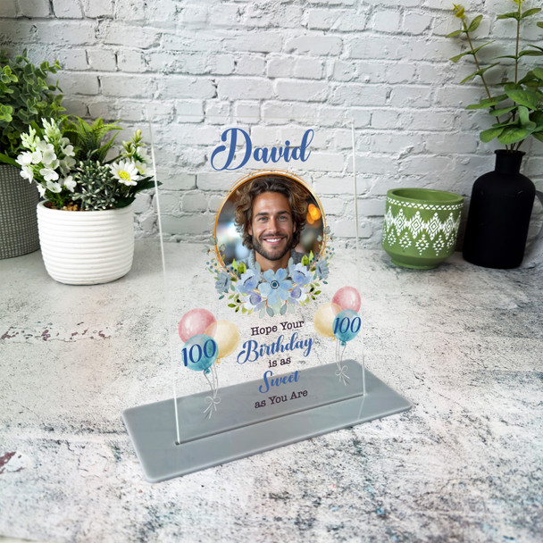 100th Birthday Gift Balloons Blue Floral Photo Custom Personalised Gift Plaque
