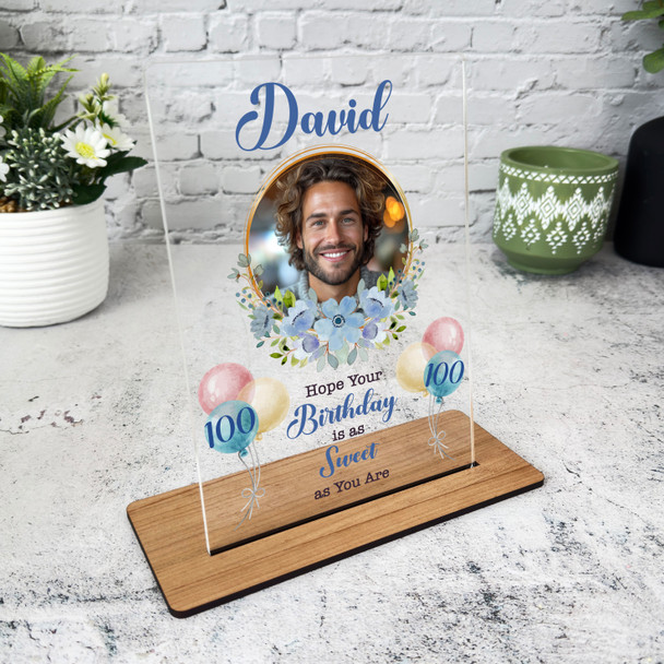 100th Birthday Gift Balloons Blue Floral Photo Custom Personalised Gift Plaque