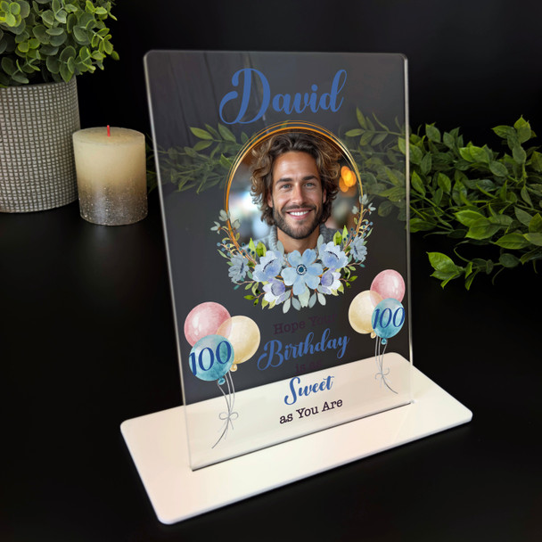 100th Birthday Gift Balloons Blue Floral Photo Custom Personalised Gift Plaque