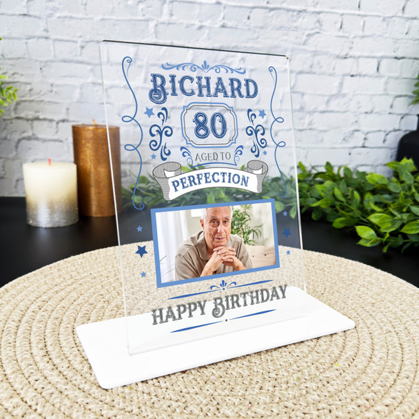 80th Birthday Gift Aged To Perfection Male Blue Photo Personalised Gift Plaque