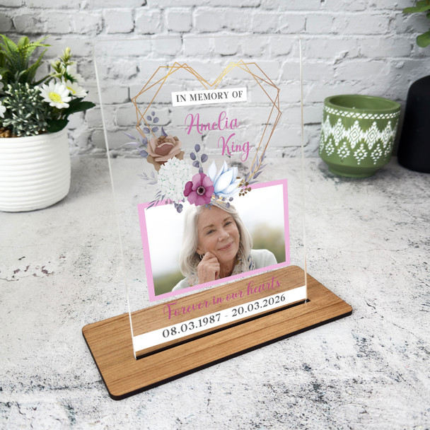 Female Memorial Keepsake Gift Gold Heart Flower Photo Personalised Gift Plaque