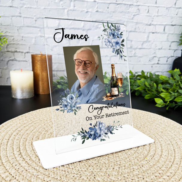 Retirement Gift Blue Floral Champagne Photo Personalised Gift Acrylic Plaque