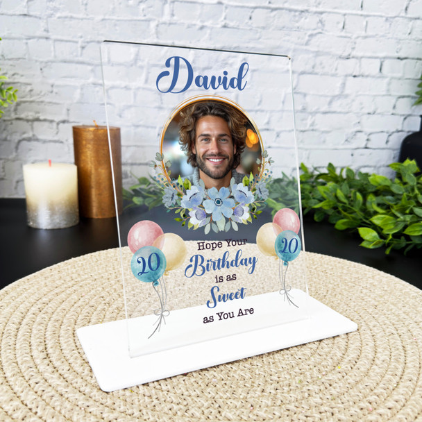 20th Birthday Gift Balloons Blue Floral Photo Custom Personalised Gift Plaque