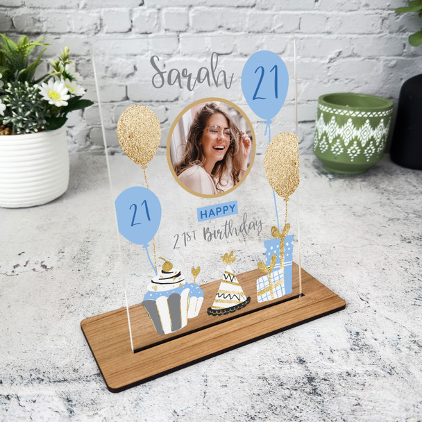 21st Birthday Gift Female Blue Cupcake Balloon Photo Personalised Gift Plaque