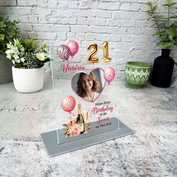 21st Birthday Gift For Her Champagne Balloons Heart Photo Personalised Plaque