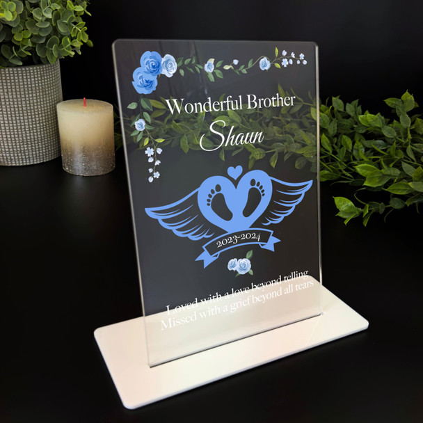 Brother Blue Heart Baby Feet Wings Memorial Keepsake Gift Personalised Plaque