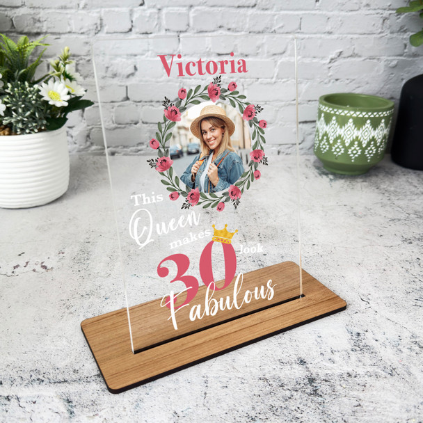 30th Birthday Gift Pink Floral Wreath Photo Personalised Gift Acrylic Plaque