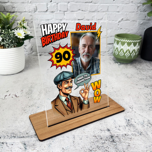 90th Birthday Gift Retro Comic Book Style Man Photo Personalised Gift Plaque