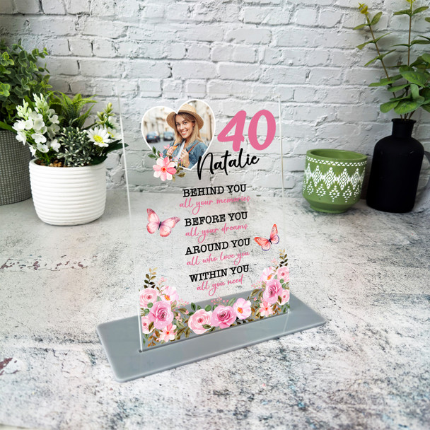 40th Birthday Gift Floral Heart Photo Copy Personalised Gift Acrylic Plaque