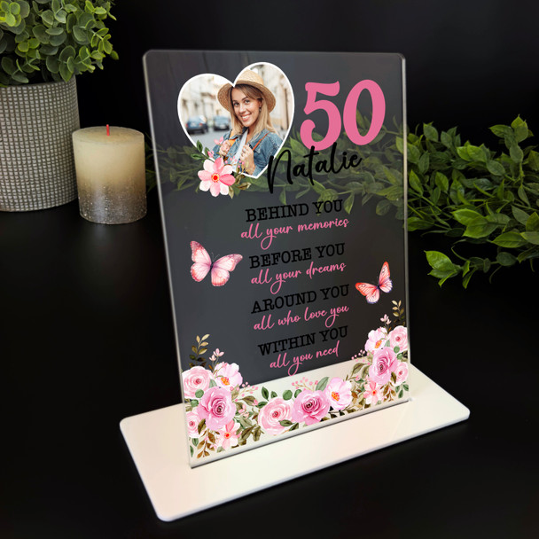 50th Birthday Gift Floral Heart Photo Copy Personalised Gift Acrylic Plaque