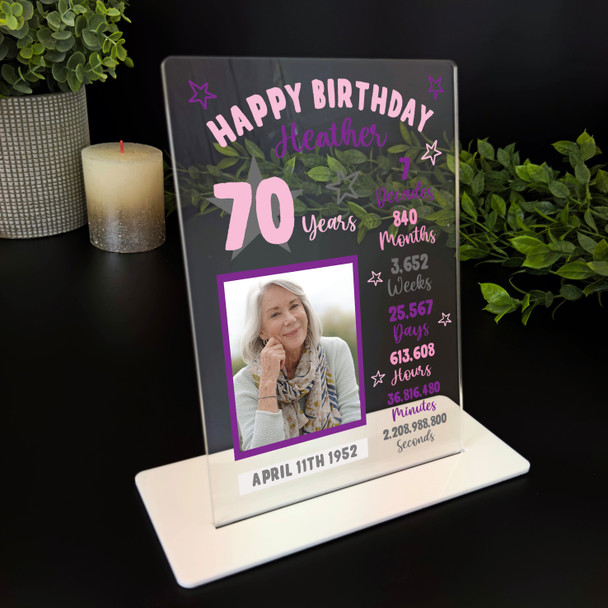 70th Birthday Gift Female Info Star Photo Personalised Gift Acrylic Plaque