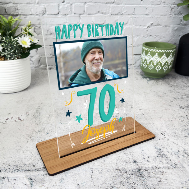 70th Birthday Gift Male Blue Photo Custom Personalised Gift Acrylic Plaque